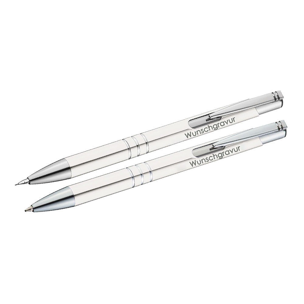 Duo Schreibset weiß, mit grauer Gravur, Printshop Landstraße