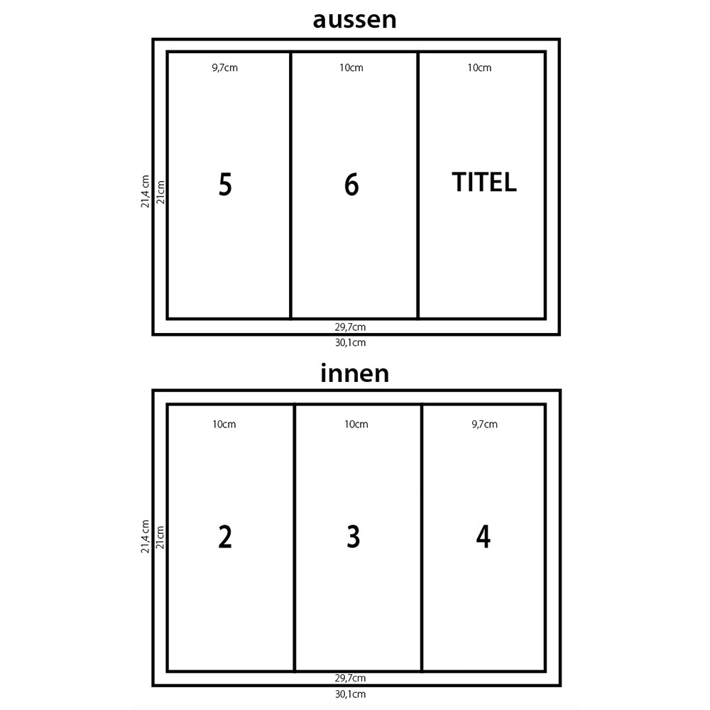 Folder Wickelfalz Digitaldruck, Folder Wickelfalz Offsetdruck, Skizze Seitenspiegel